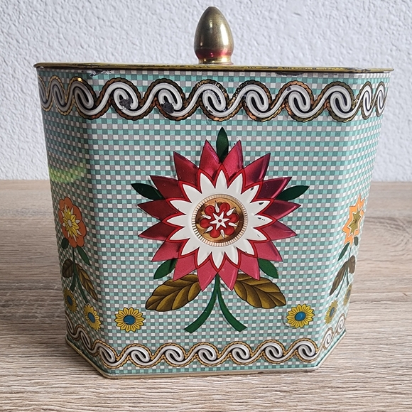 VINTAGE MCM English Tea Tin Canister with Lid Colorful Flowers - Picture 3 of 13
